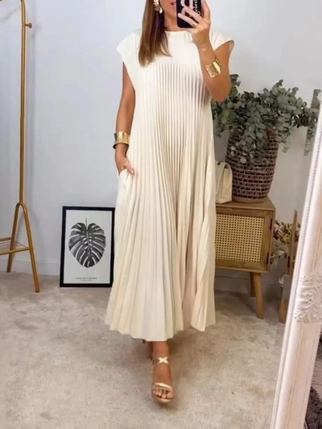 Full Size Pleated Round Neck Maxi Dress Plus Size Trendsi