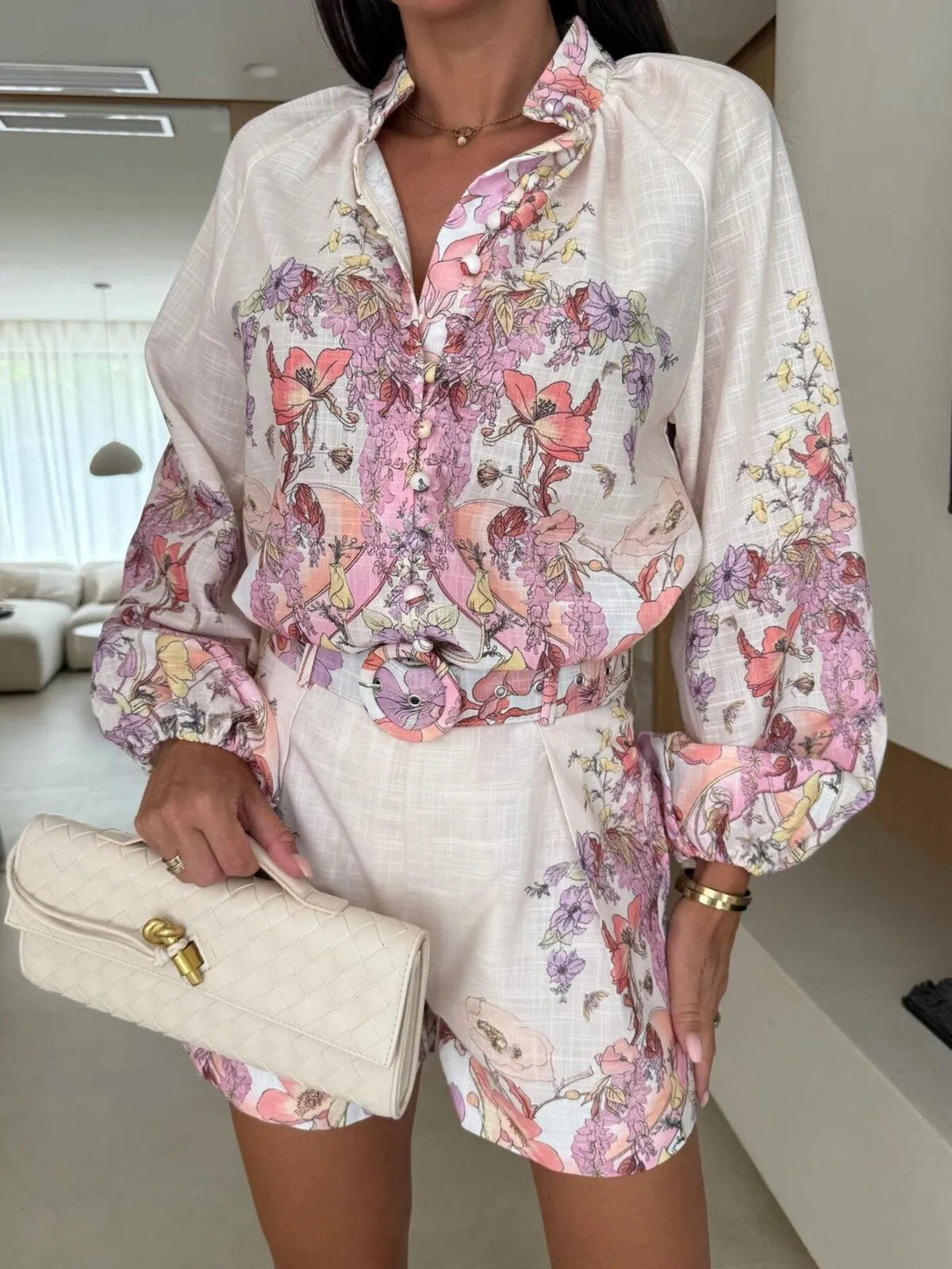 Printed Long Sleeve Shirt and Shorts Set Trendsi