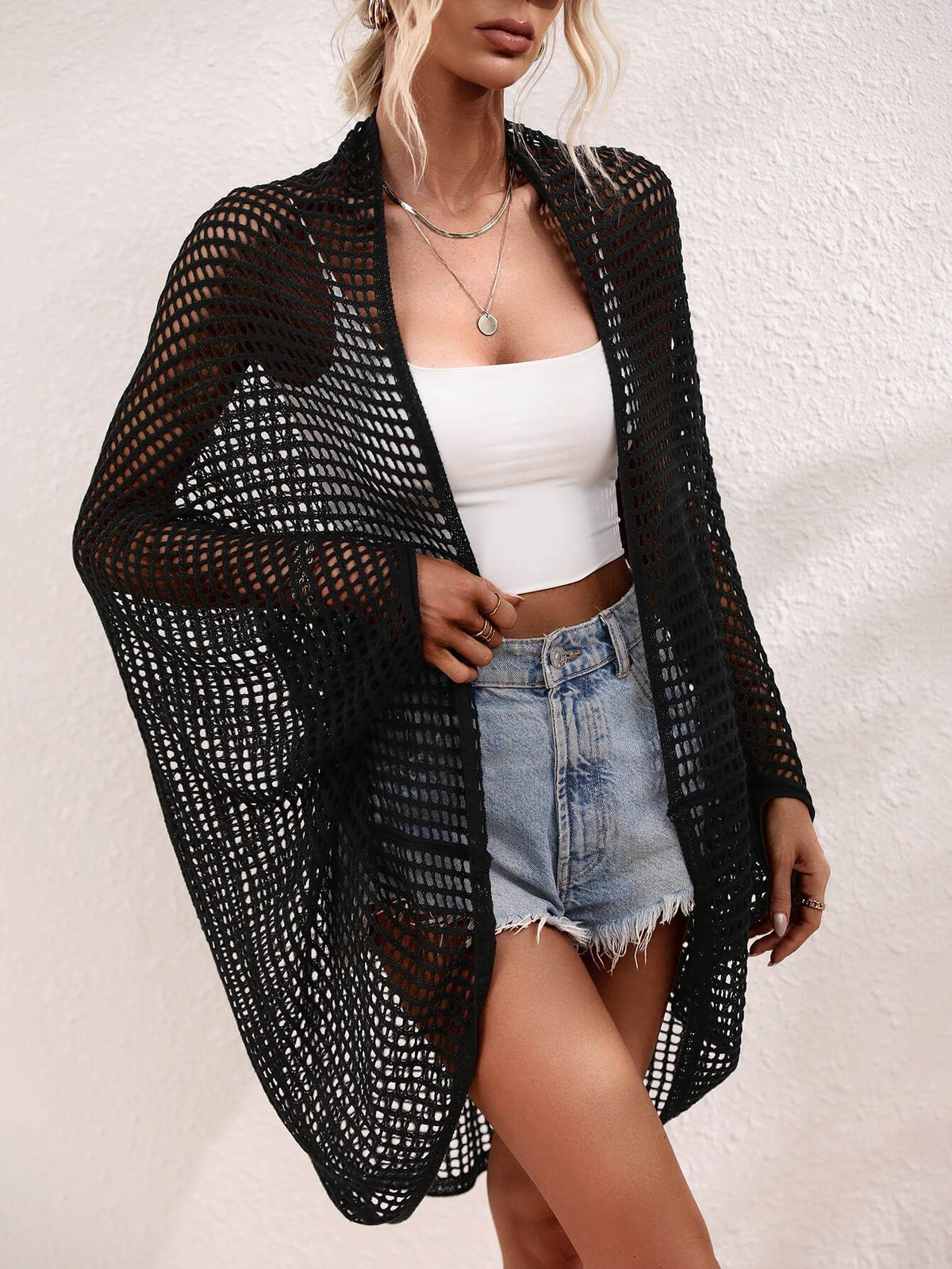 Openwork Open Front Longline Cover Up Trendsi
