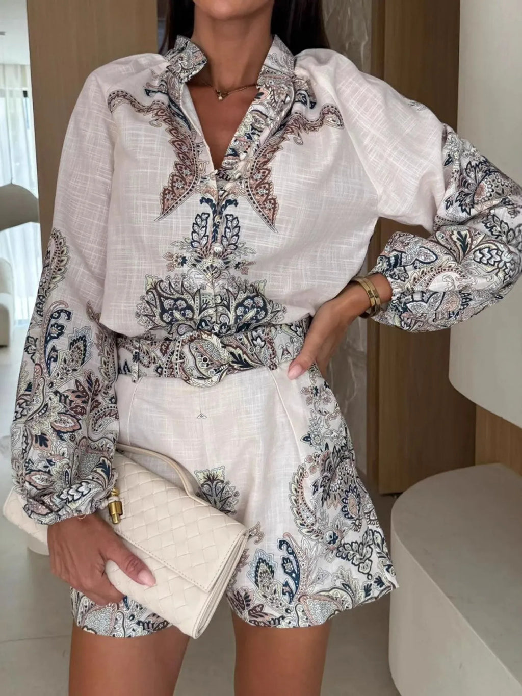 Printed Long Sleeve Shirt and Shorts Set Trendsi