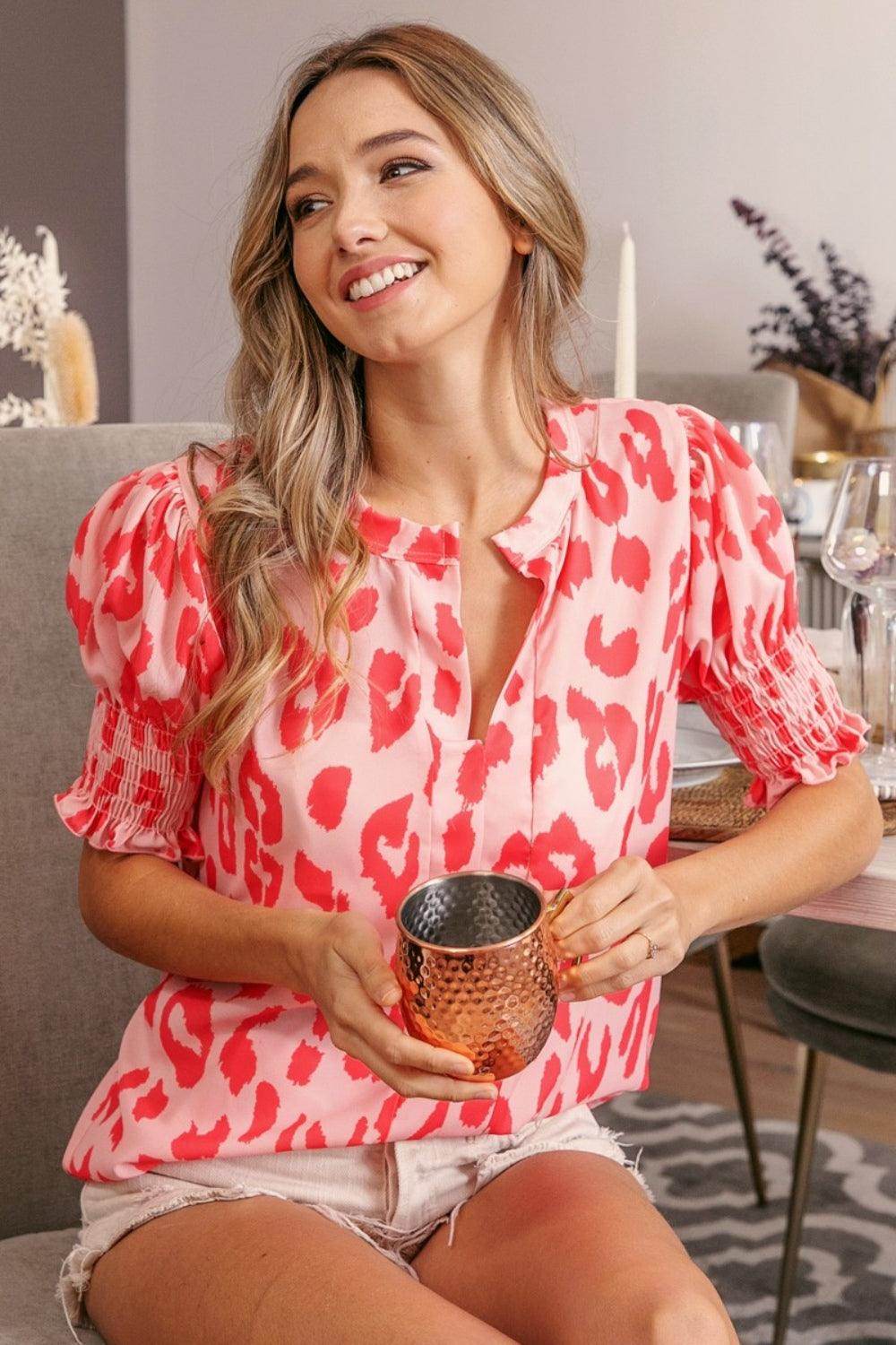 BiBi Leopard Smocked Short Sleeve Blouse for Trendy Style Trendsi