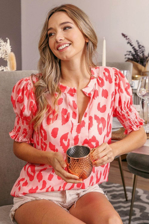 BiBi Leopard Smocked Short Sleeve Blouse for Trendy Style Trendsi