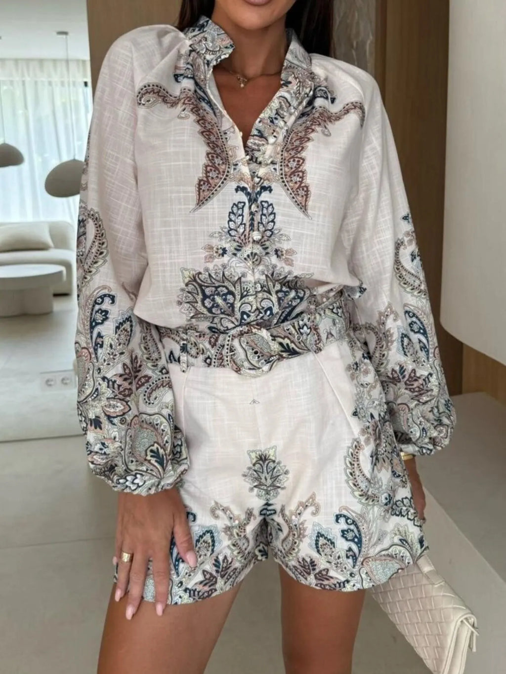 Printed Long Sleeve Shirt and Shorts Set Trendsi