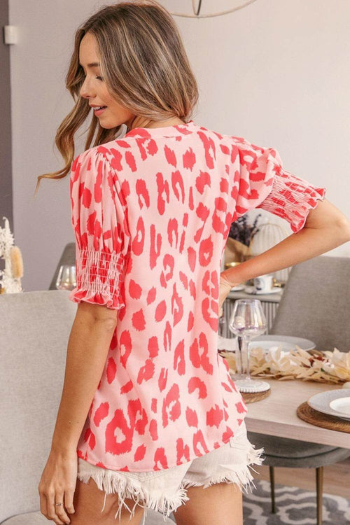 BiBi Leopard Smocked Short Sleeve Blouse for Trendy Style Trendsi