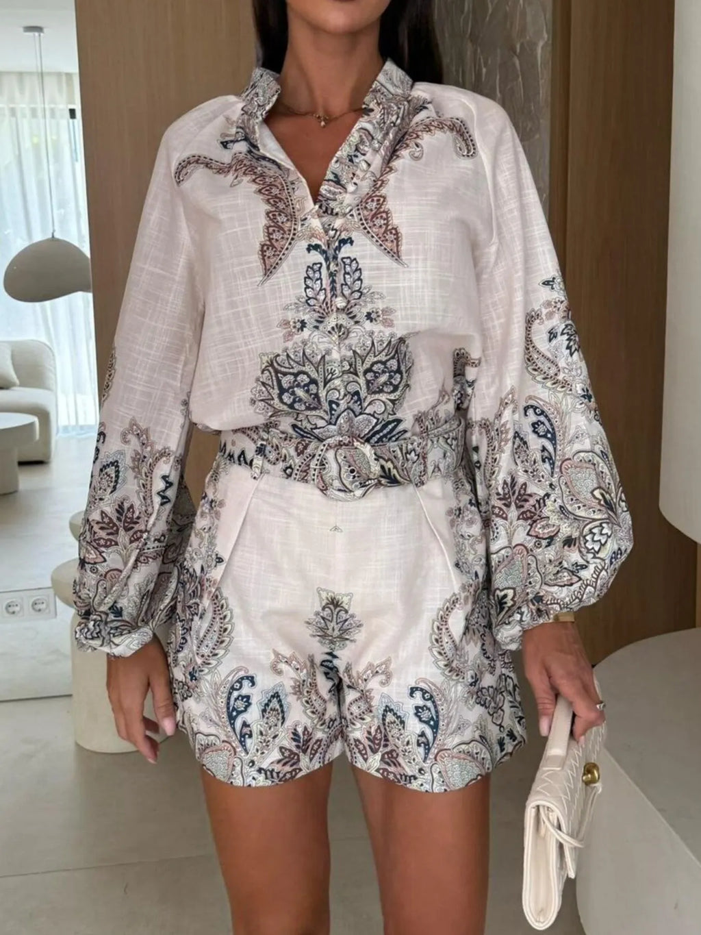 Printed Long Sleeve Shirt and Shorts Set Trendsi