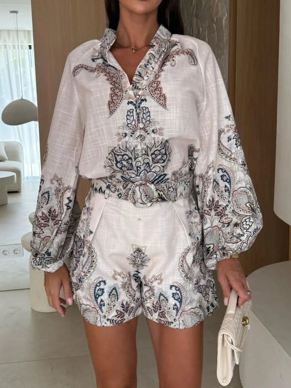 Printed Long Sleeve Shirt and Shorts Set Trendsi
