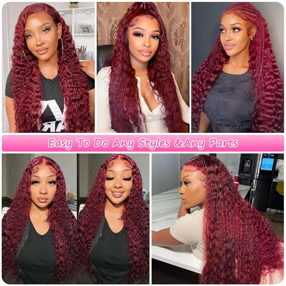 30 Inch Burgundy 99j Deep Wave Frontal Wig Colored Curly Human Hair Wigs 200 250 Density 13x4 Hd Lace Frontal Human Hair Wigs Selvanelle