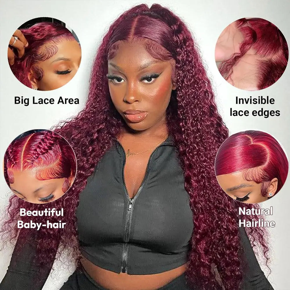 30 Inch Burgundy 99j Deep Wave Frontal Wig Colored Curly Human Hair Wigs 200 250 Density 13x4 Hd Lace Frontal Human Hair Wigs Selvanelle