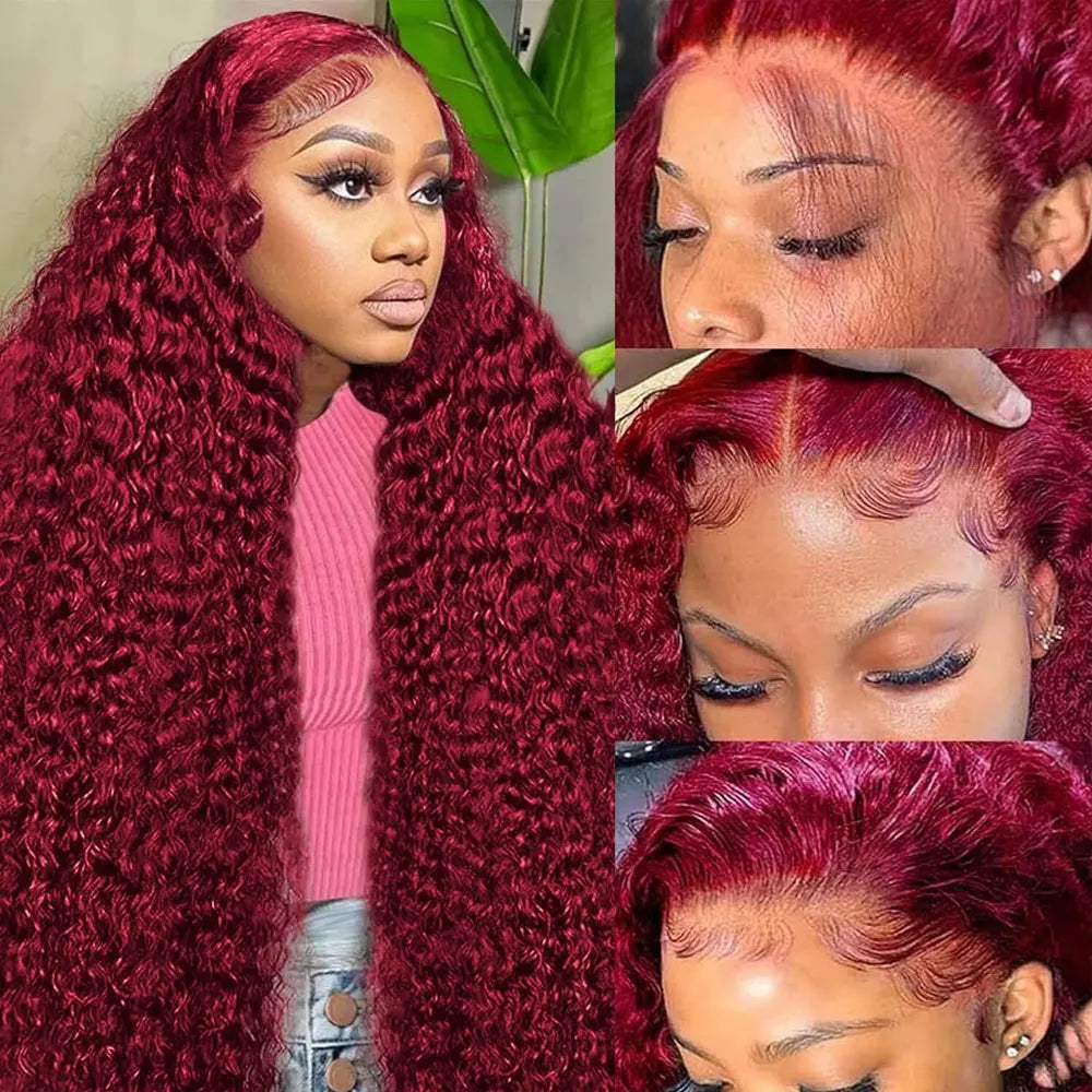 30 Inch Burgundy 99j Deep Wave Frontal Wig Colored Curly Human Hair Wigs 200 250 Density 13x4 Hd Lace Frontal Human Hair Wigs Selvanelle