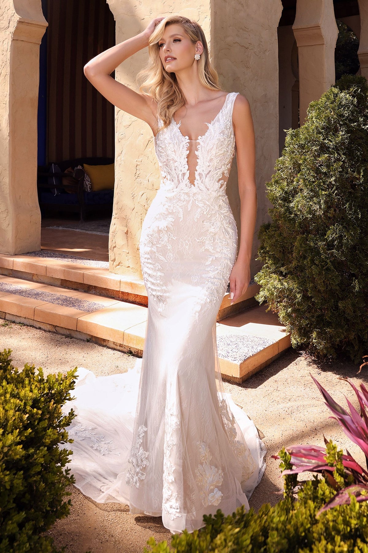 Avery Lace Bodice Illusion V-Neck Long Wedding Dress CDA1072W CIND