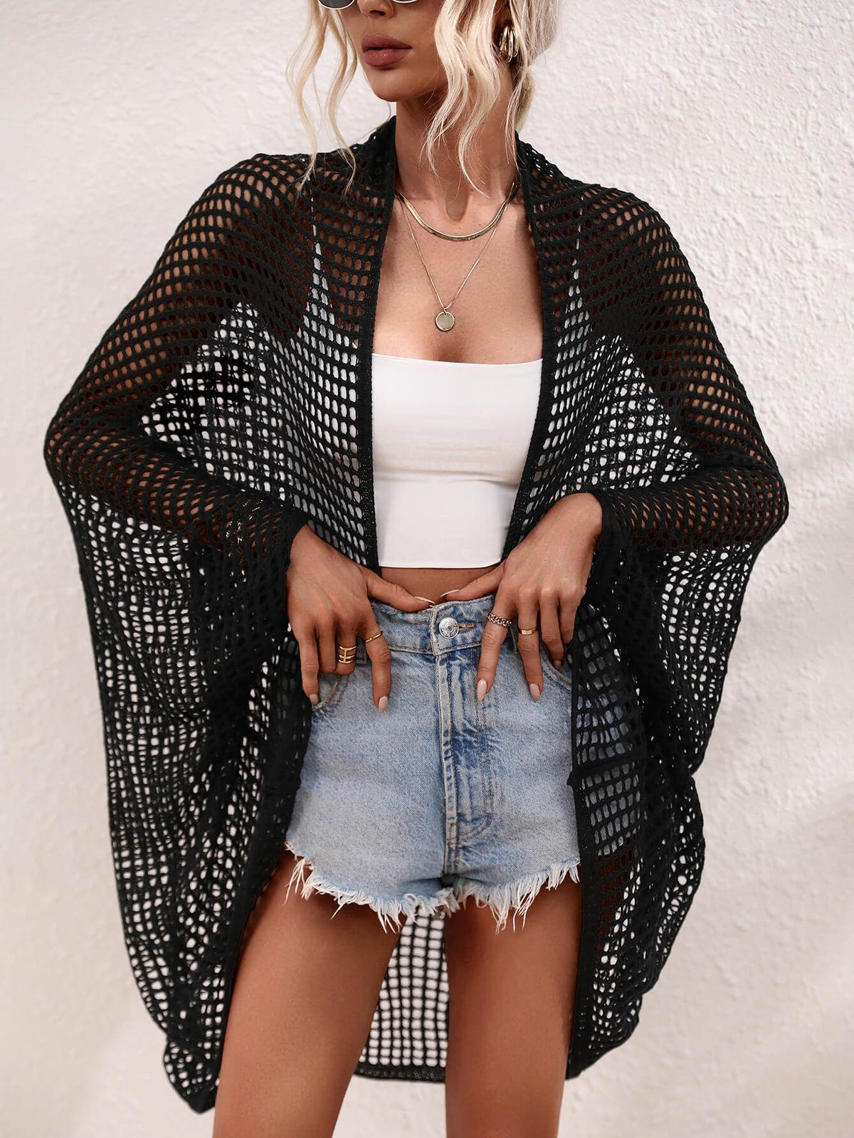 Openwork Open Front Longline Cover Up Trendsi