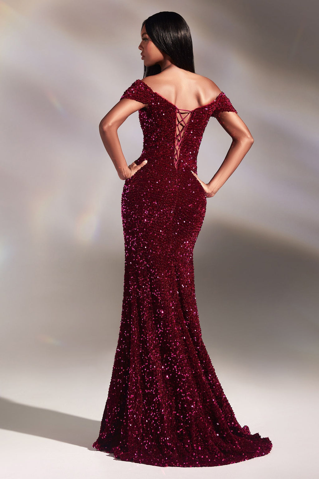 Red | Off-Shoulder Sequin Slit Gown – Sweetheart Neckline Formal Dress  CDCA109 CIND