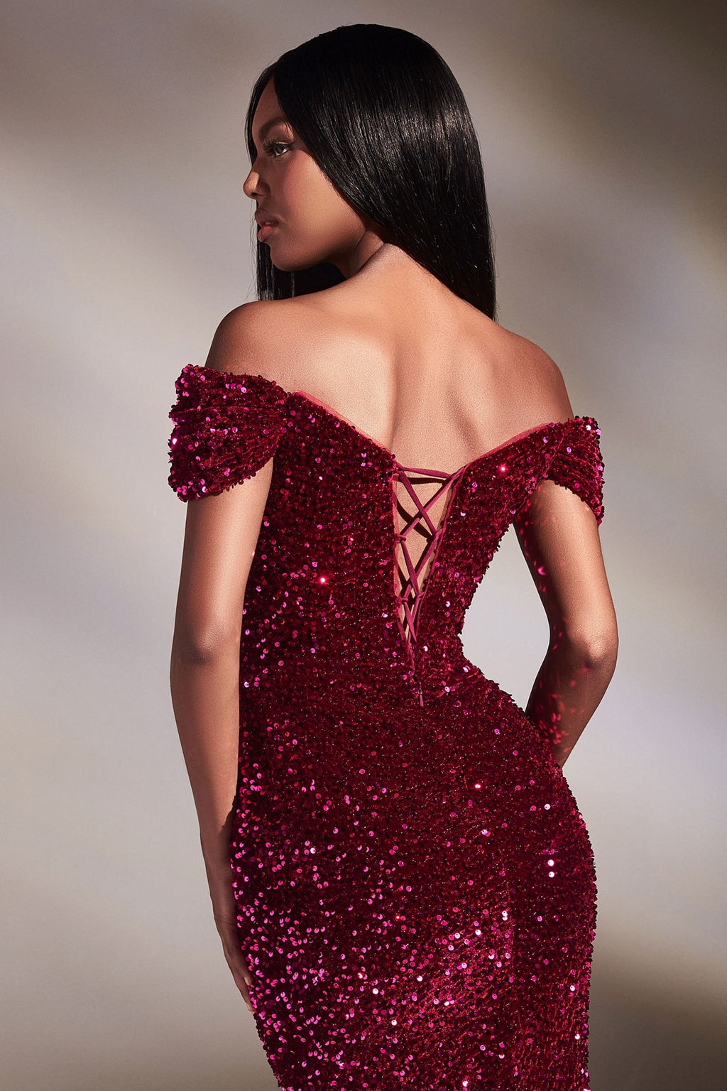 Red | Off-Shoulder Sequin Slit Gown – Sweetheart Neckline Formal Dress  CDCA109 CIND