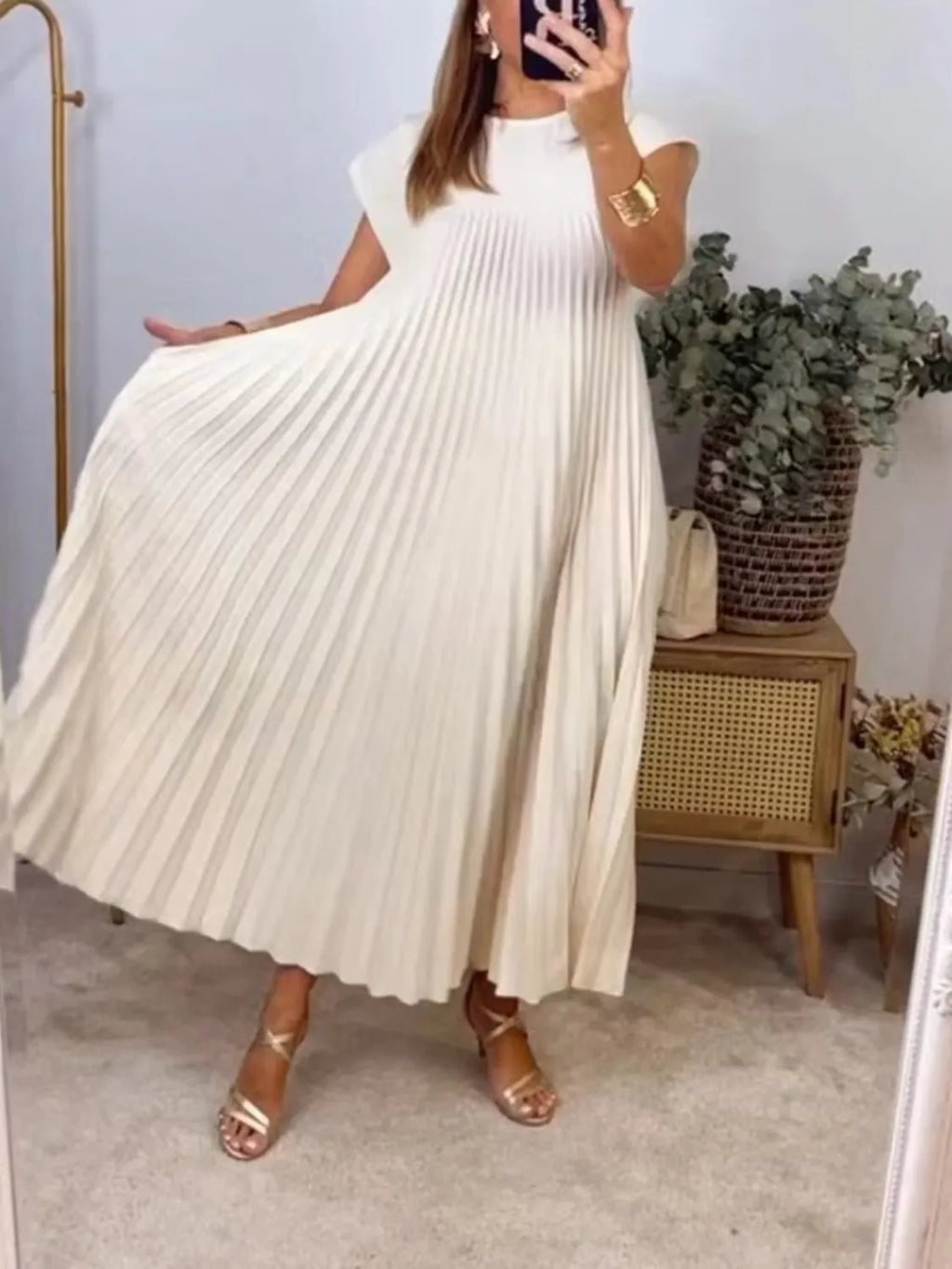 Full Size Pleated Round Neck Maxi Dress Plus Size Trendsi