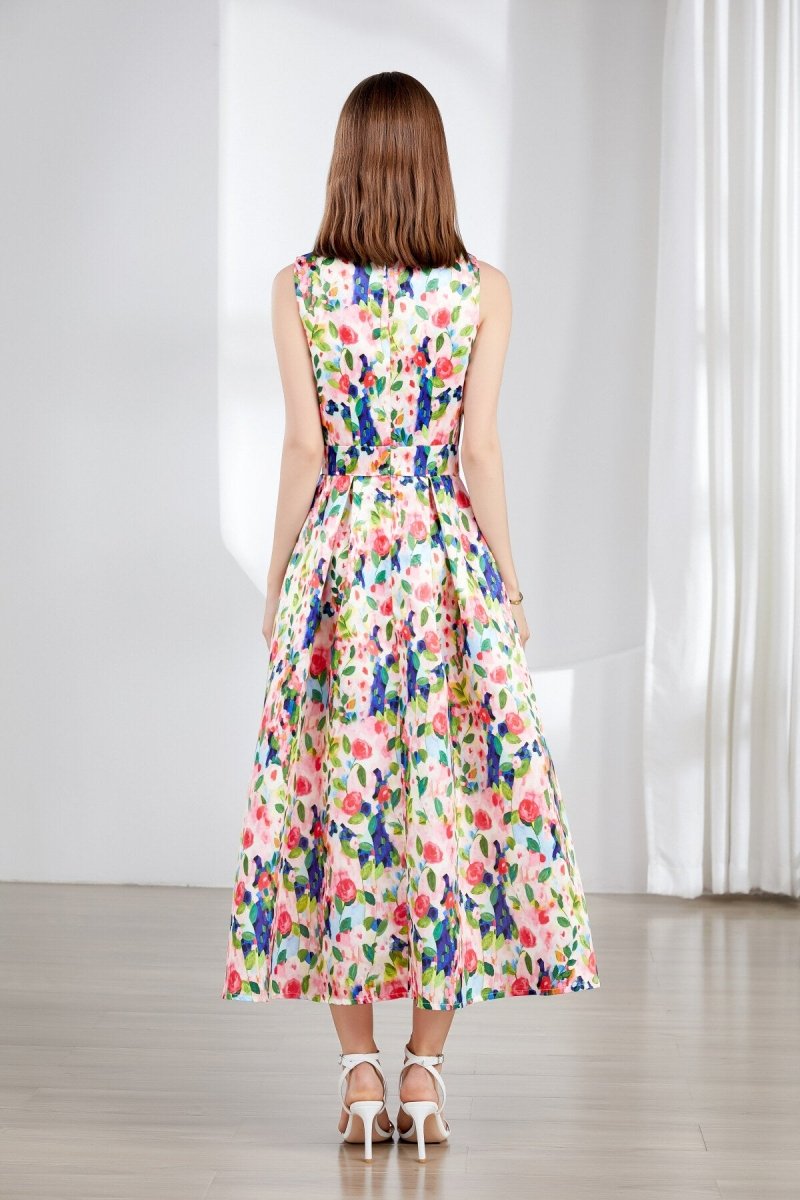Floral Sleeveless Boatneck Flared A Line Midi Dress DZA