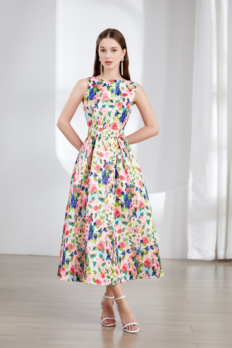 Floral Sleeveless Boatneck Flared A Line Midi Dress DZA
