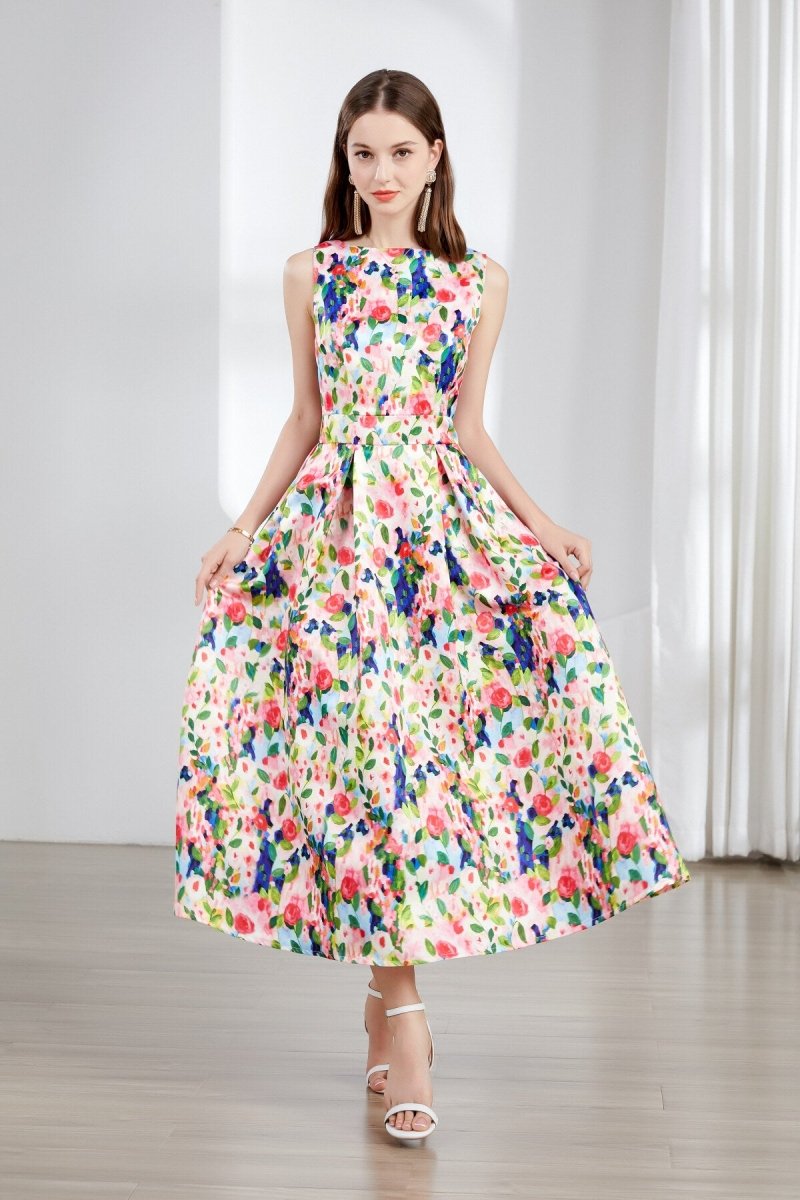 Floral Sleeveless Boatneck Flared A Line Midi Dress DZA
