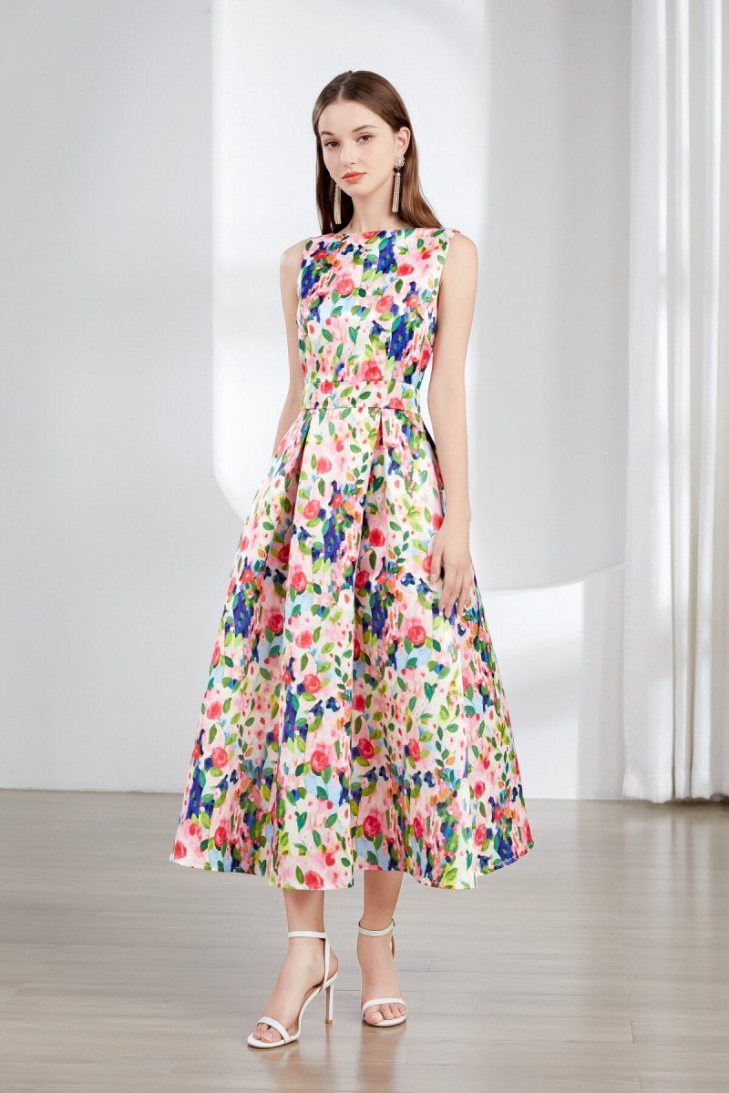 Floral Sleeveless Boatneck Flared A Line Midi Dress DZA