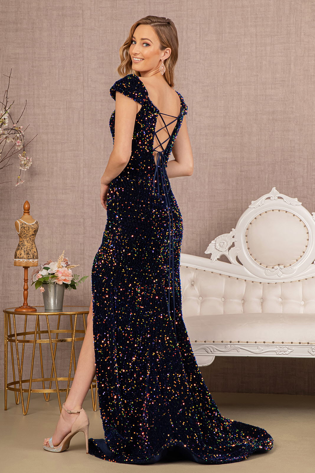 Sequin Off Shoulder Lace-up Back Velvet Mermaid Long Prom Dress GLGL3148 GLSC